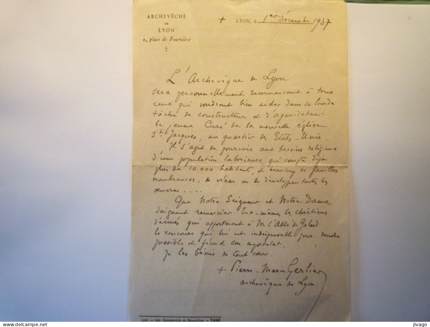 2023 - 3345  Lettre De Pierre - Marie  GERLIER  Archevêque De LYON  1937   XXX - Non Classificati