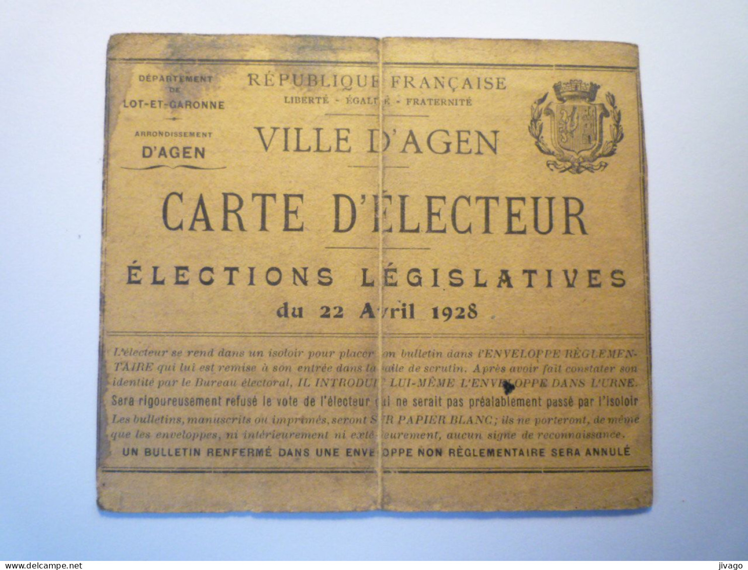 2023 - 3351  VILLE D'AGEN  :  CARTE D'ELECTEUR  1928    XXX - Non Classificati