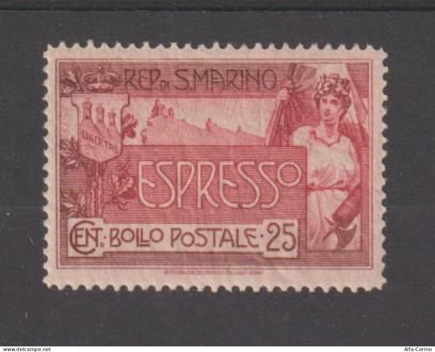 SAN  MARINO: 1907  ESPRESSO  ALLEGORIA  -  25 C. ROSA  CARMINIO  N. -  CENTRATURA  ECCEZIONALE  -  SASS. 1  -  SPL. - Timbres Express