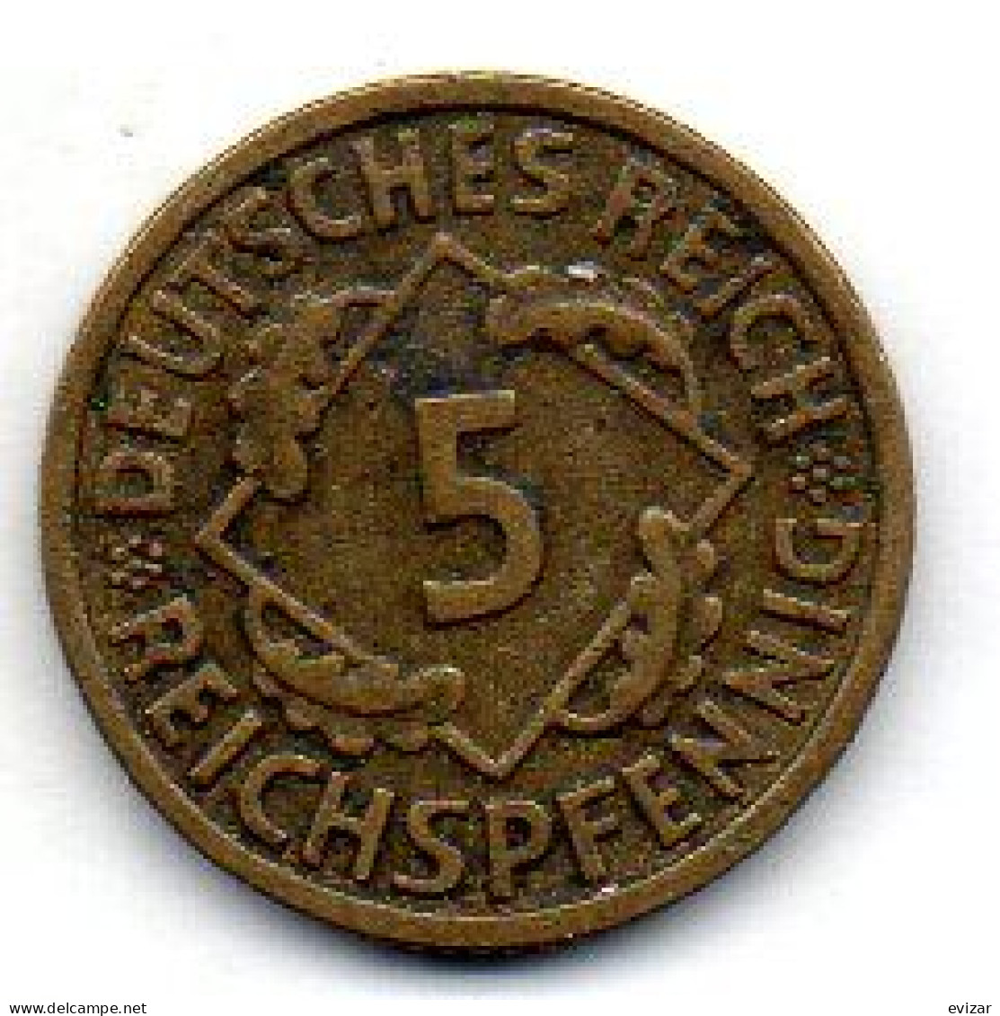 GERMANY - WEIMAR REPUBLIC, 5 Reichs Pfennig, Aluminum-Bronze, Year 1935-F, KM # 39 - 5 Renten- & 5 Reichspfennig