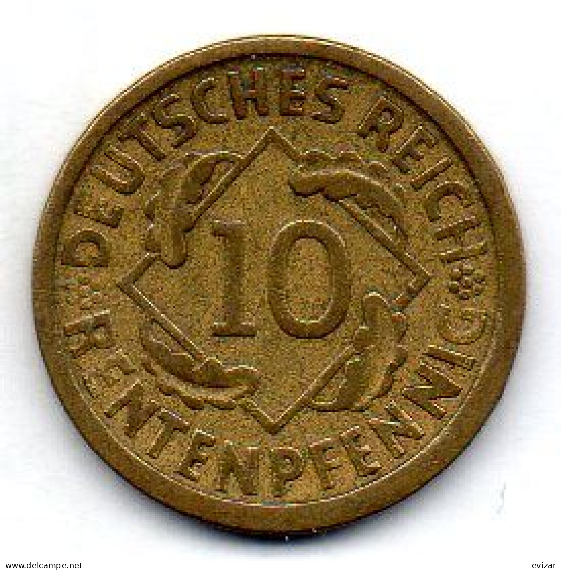 GERMANY - WEIMAR REPUBLIC, 10 Renten Pfennig, Aluminum-Bronze, Year 1924-A, KM # 33 - 10 Renten- & 10 Reichspfennig