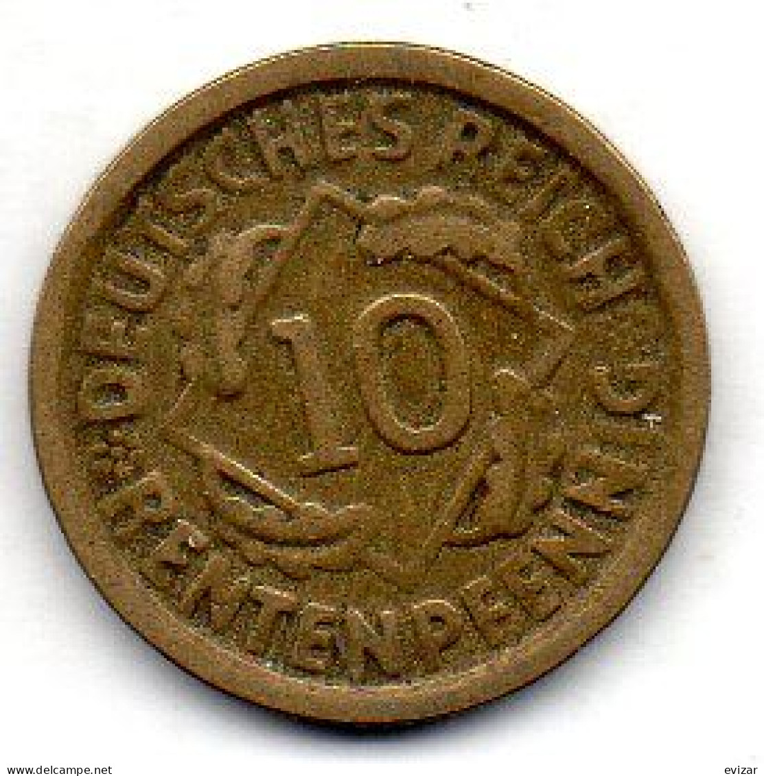 GERMANY - WEIMAR REPUBLIC, 10 Renten Pfennig, Aluminum-Bronze, Year 1924-F, KM # 33 - 10 Renten- & 10 Reichspfennig