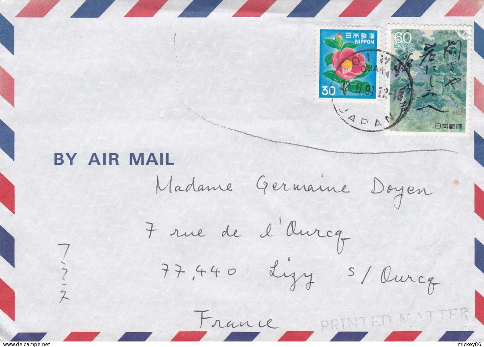 Japon--1991 - Lettre OSAKA  Pour LIZY Sur OURCQ-77 (France)...timbres , Cachet ........à Saisir - Storia Postale