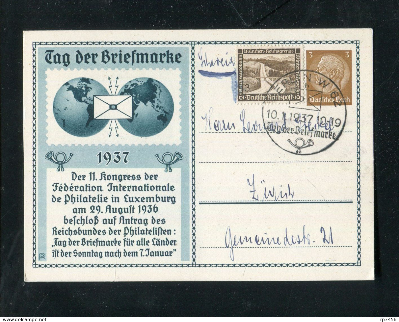 "DEUTSCHES REICH" 1937, Privatpostkarte "Tag Der Briefmarke" SSt. "BERLIN" In Die Schweiz (3024) - Interi Postali Privati