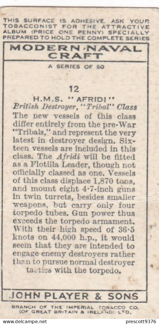 Modern Naval Dress.1939 - 12 HMS Afridi, Tribal Class Destroyer - Players Cigarette Card - Player's