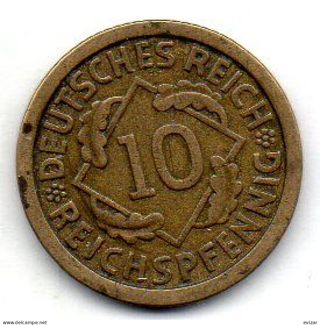 GERMANY - WEIMAR REPUBLIC, 10 Reichs Pfennig, Aluminum-Bronze, Year 1924-F, KM # 40 - 10 Renten- & 10 Reichspfennig