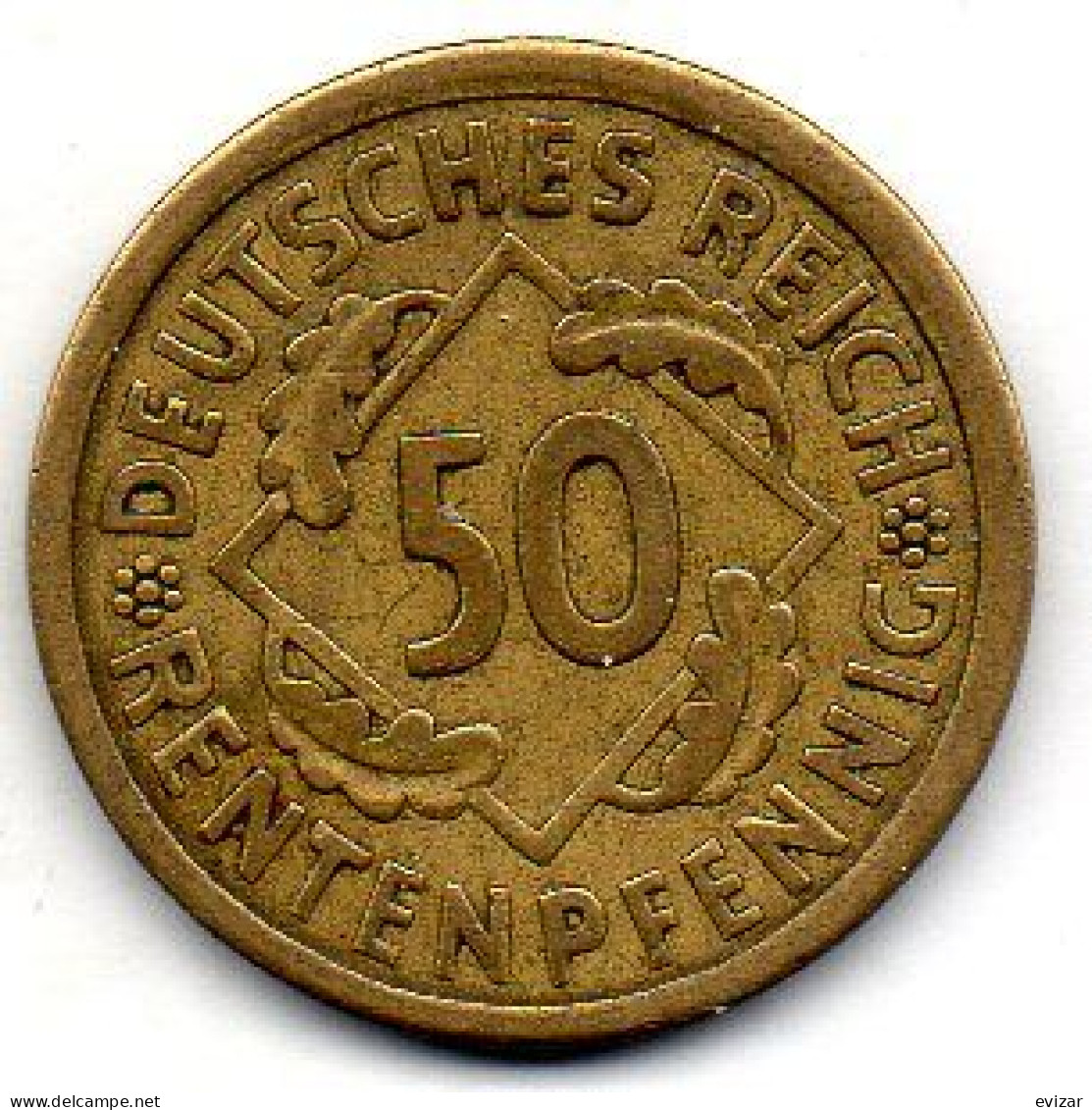 GERMANY - WEIMAR REPUBLIC, 50 Renten Pfennig, Aluminum-Bronze, Year 1924-A, KM # 34 - 50 Rentenpfennig & 50 Reichspfennig