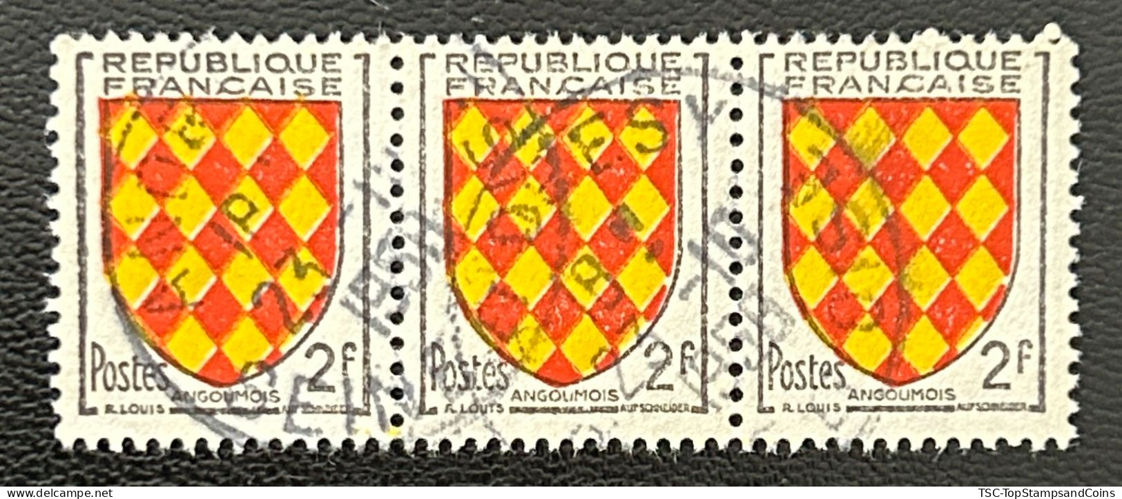 FRA1003Ux3h - Armoiries De Provinces (VII) - Angoûmois - Stripe Of 3 X 2 F Used Stamps - 1954 - France YT 1003 - 1941-66 Coat Of Arms And Heraldry