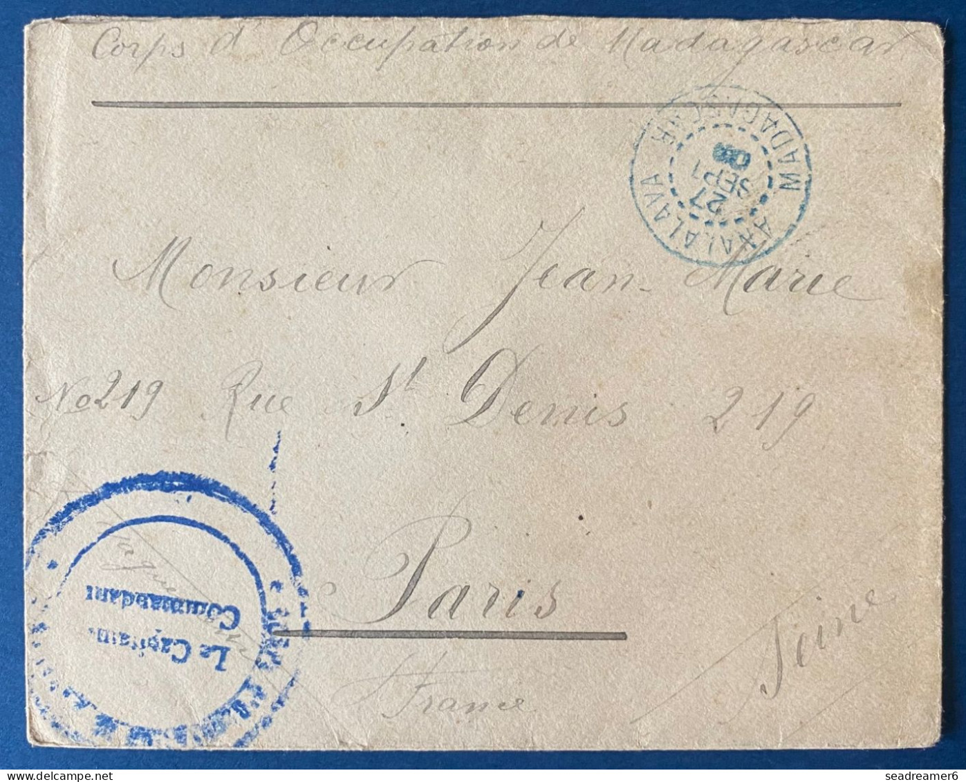 France Colonies Lettre Corps Expeditionnaire De Madagascar Dateur Bleu D'ANALALAVA De 1903 Pour PARIS, Au Dos Transit - Cartas & Documentos