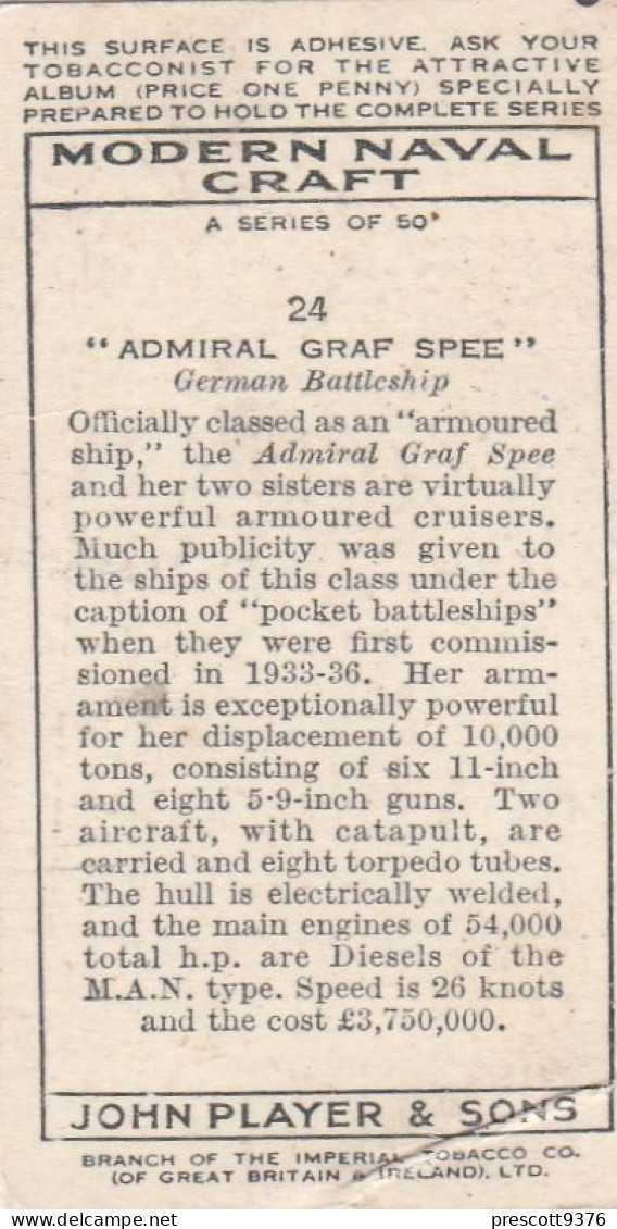 Modern Naval Dress.1939 - 24 Graf Spee, Germany, Battleship - Players Cigarette Card - Player's