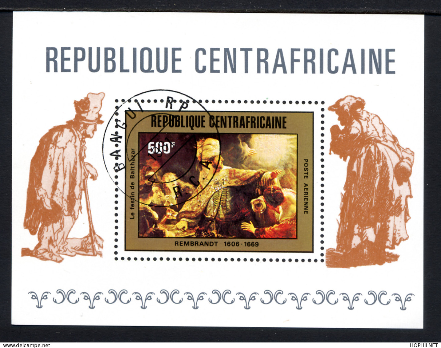 CENTRAFRIQUE 1981, Yv. 44, REMBRANDT, "Le Festin...", 1 Bloc, Oblitéré / Used. RblocConD - Rembrandt