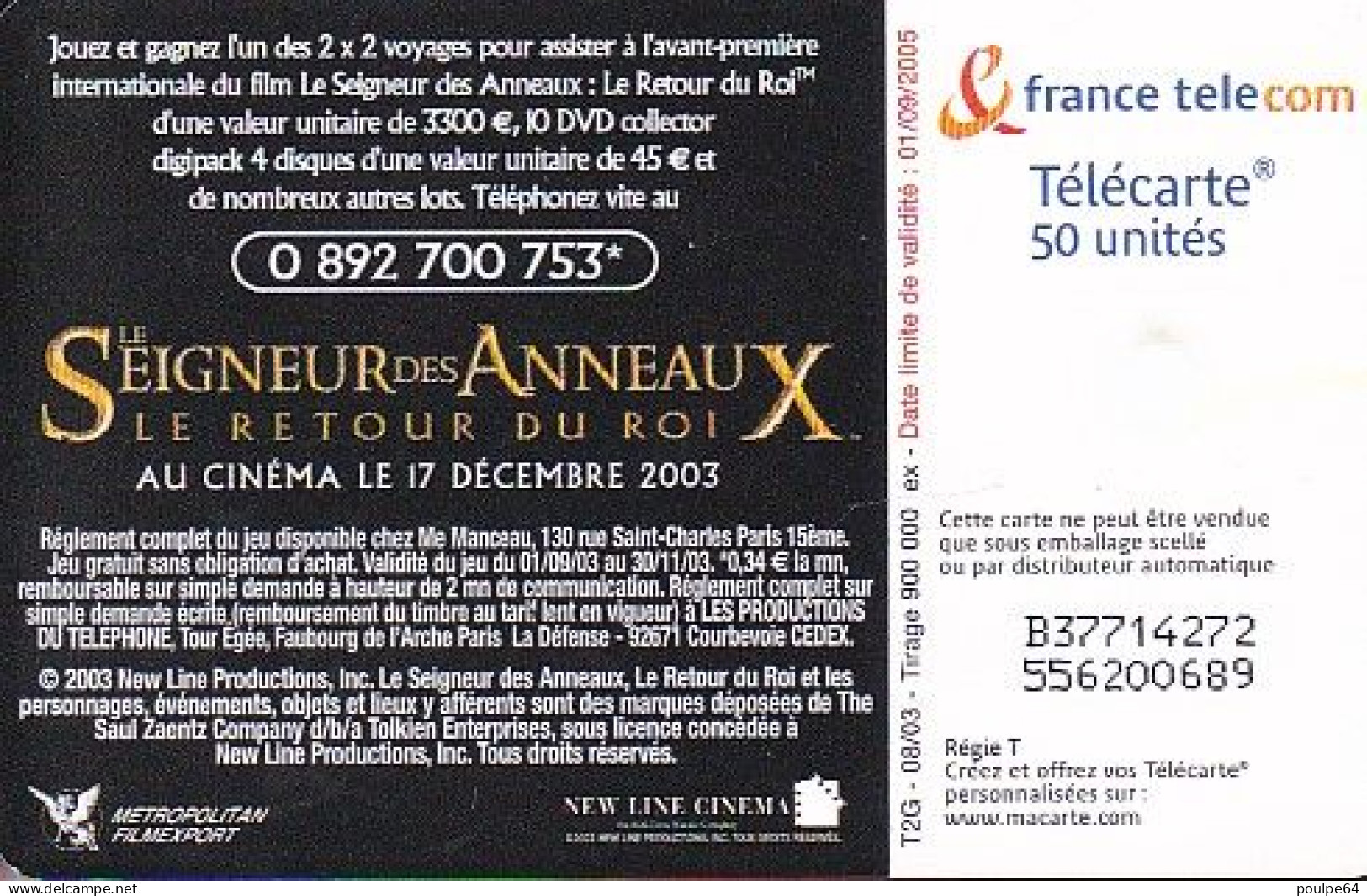 F1300  08/2003 - LE SEIGNEUR DES ANNEAUX " Porte étendard " - 50 GEM2 - 2003