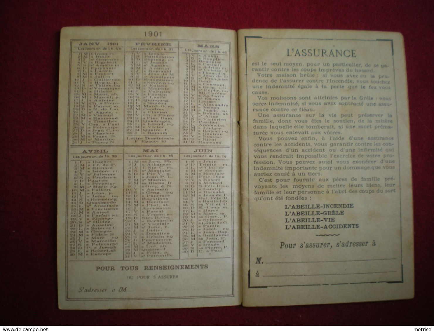 AGENDA 1901 - Offert Par L'abeille, Compagnie D'assurance, 57 Rue Taitbout à Paris. (format 12,5cm X 8cm) - Formato Piccolo : 1901-20