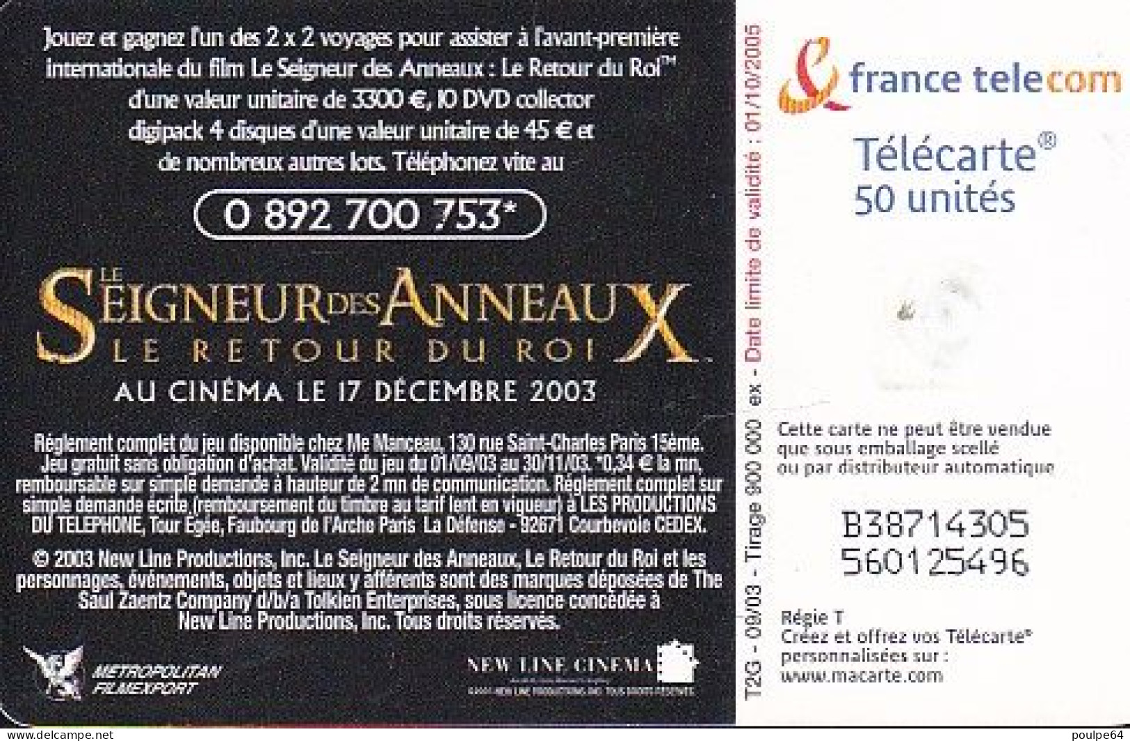 F1300A  09/2003 - LE SEIGNEUR DES ANNEAUX " Porte étendard " - 50 GEM2 - 2003