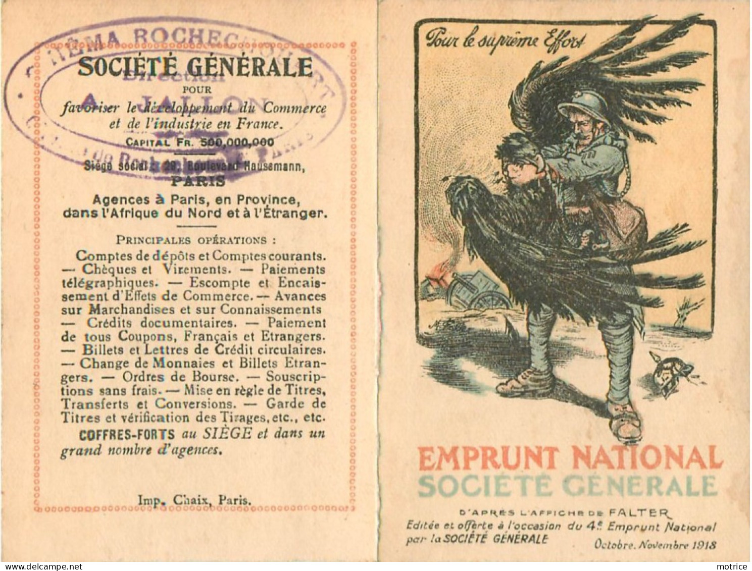 CALENDRIER PATRIOTIQUE 1919 - Emprunt National. Société Générale(format 12,5cm X 9,5cm) - Small : 1901-20