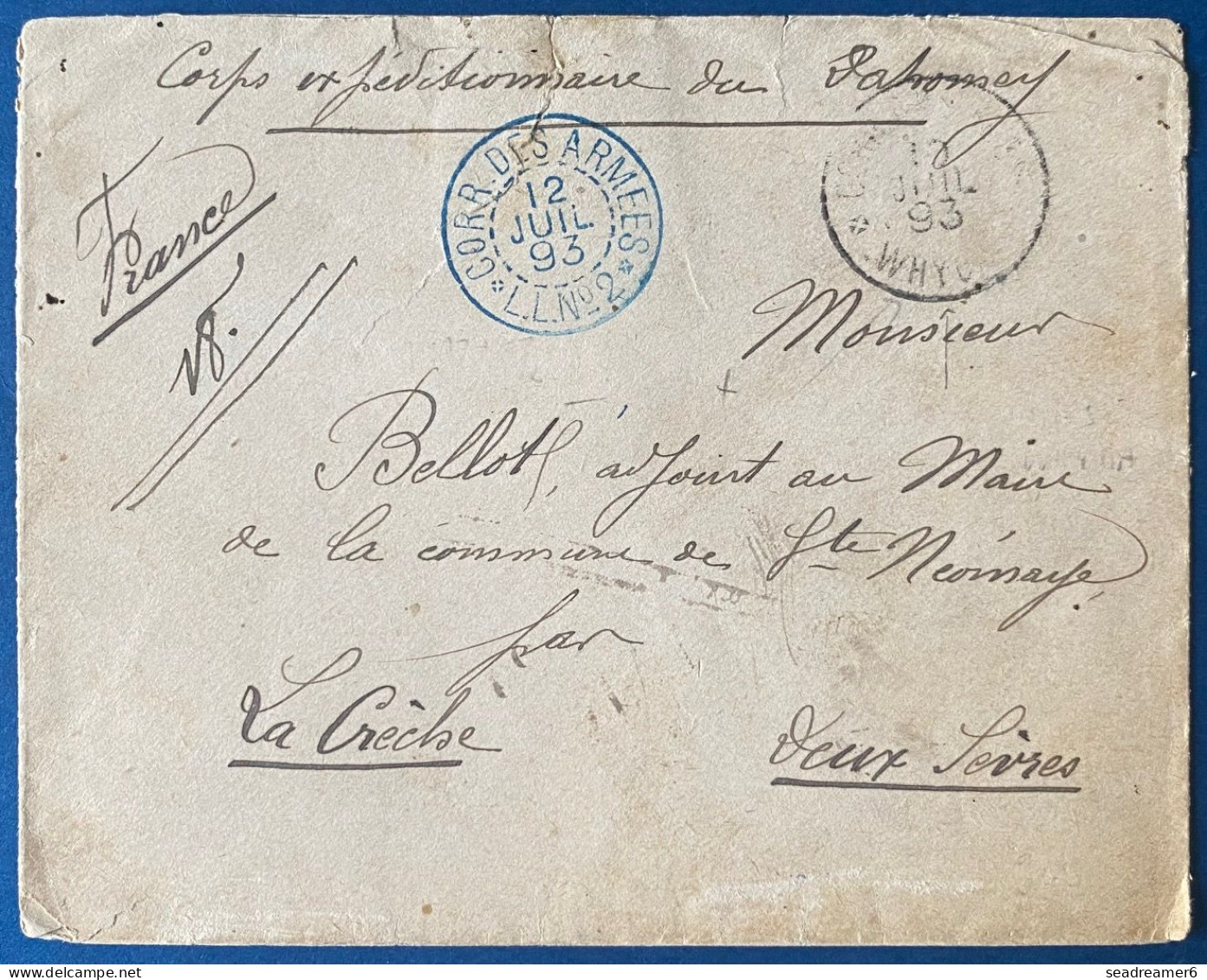 France Colonies Lettre Corps Expeditionnaire DAHOMEY Dateur Bleu " CORR DES ARMÉES / *LL N°2* "+ " CORR D'ARMÉES WHYDA " - Cartas & Documentos