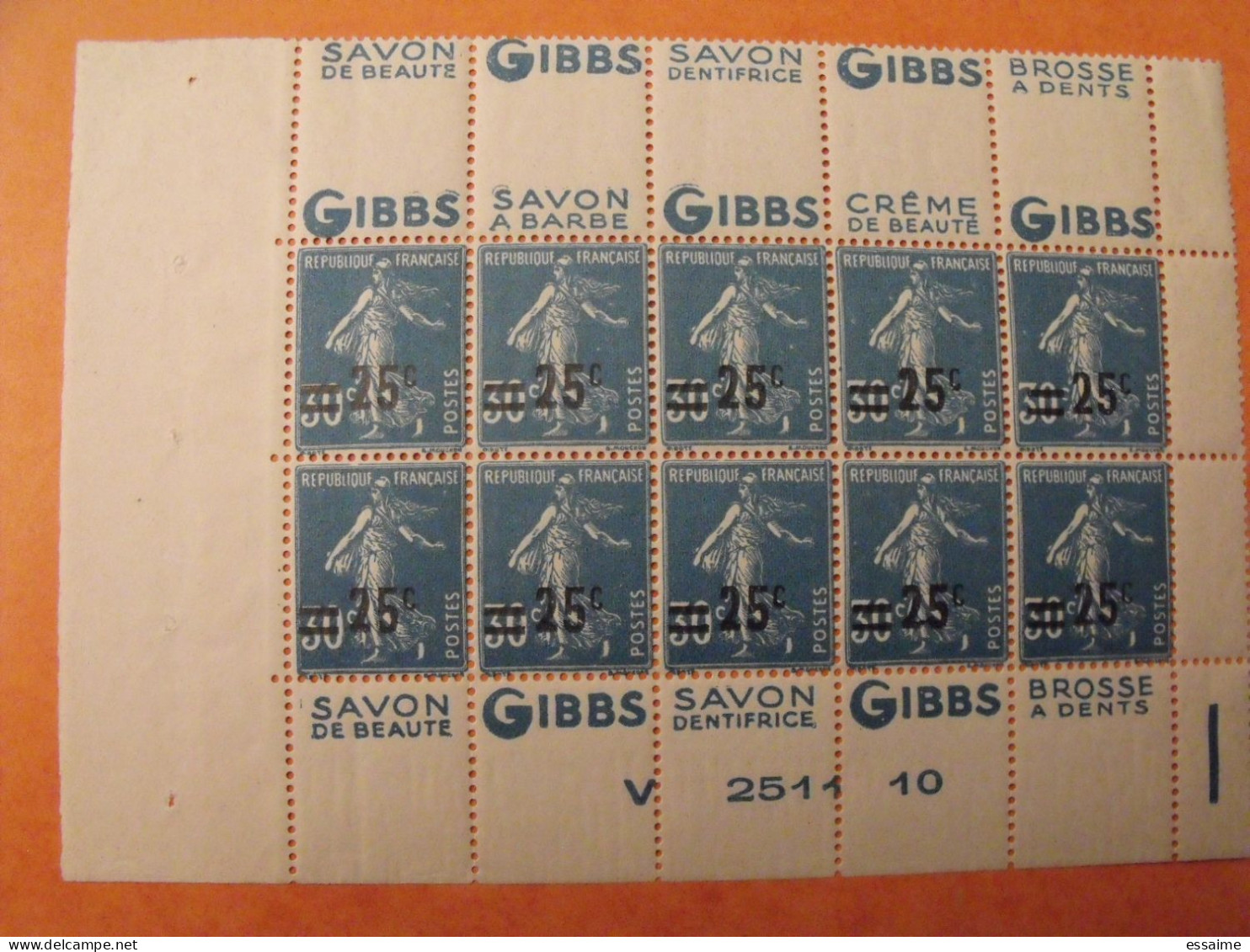 Bloc De 10 Timbres à Bande Publicitaire. Semeuse N° 217. 25/30 C. Double Pub Publicité  Carnet. Gibbs. Neuf** - Autres & Non Classés