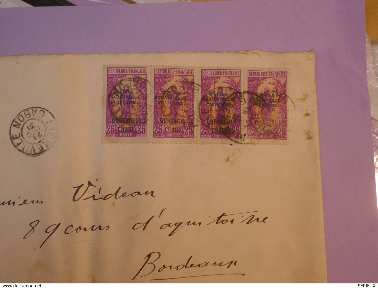 U26  AEF OUBANGUI LETTRE  PURE ARCHIVE DECOUVERTE  1931 LIBREVILLE A BORDEAUX FRANCE+ BANDE 4 BAKALOI +AFF. INTERESSANT+ - Storia Postale