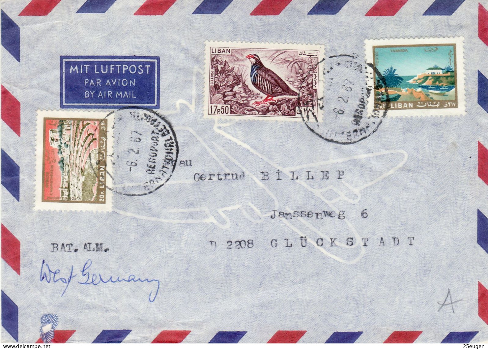 LEBANON 1967 AIRMAIL  LETTER SENT FROM BEYRUTH TO GLUECKSTADT - Lebanon