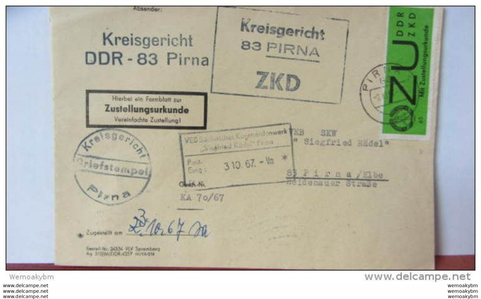Dienst/ZKD: Orts-ZU-Brief Mit 65 Pf  ZU-Marke Gewöhnl.Papier Mit KSt."Kreisgericht 83 PIRNA" Vom 2.10.67 Knr: E 2x - Brieven En Documenten