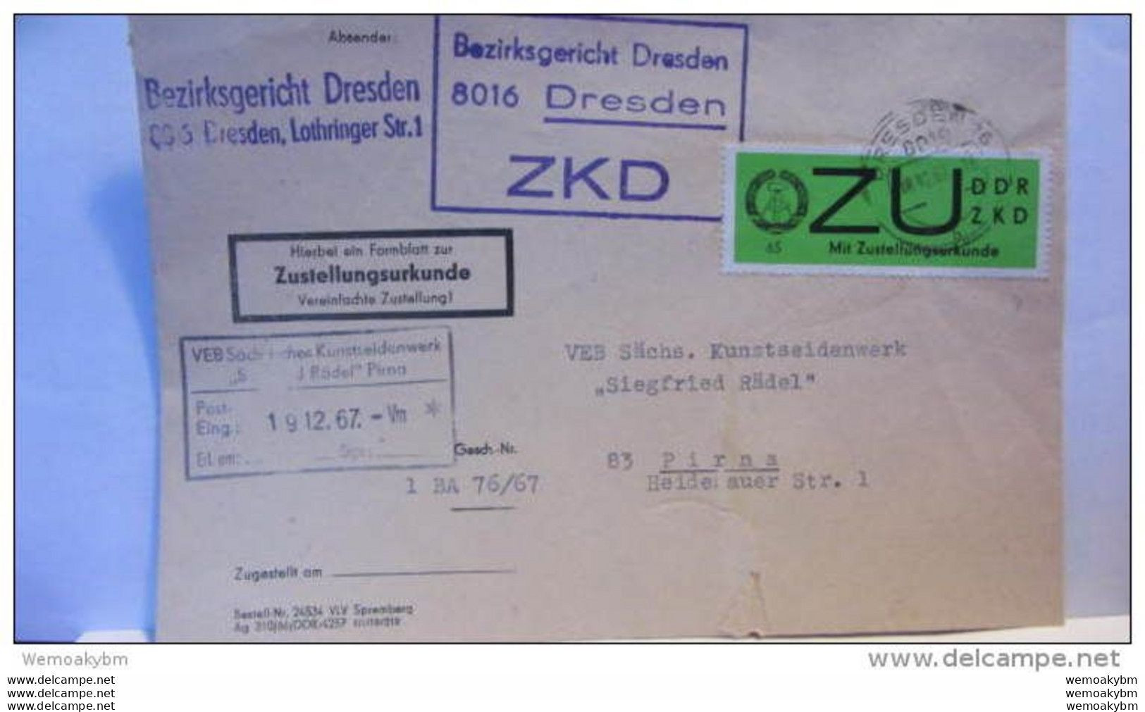 Dienst/ZKD: Fern-Brief Mit ZU-Marke Gelbgrüngestr.Papier Aus Dresden Vom 18.12.67 Nach Pirna - Mke Unsauber Knr: E 2y - Brieven En Documenten