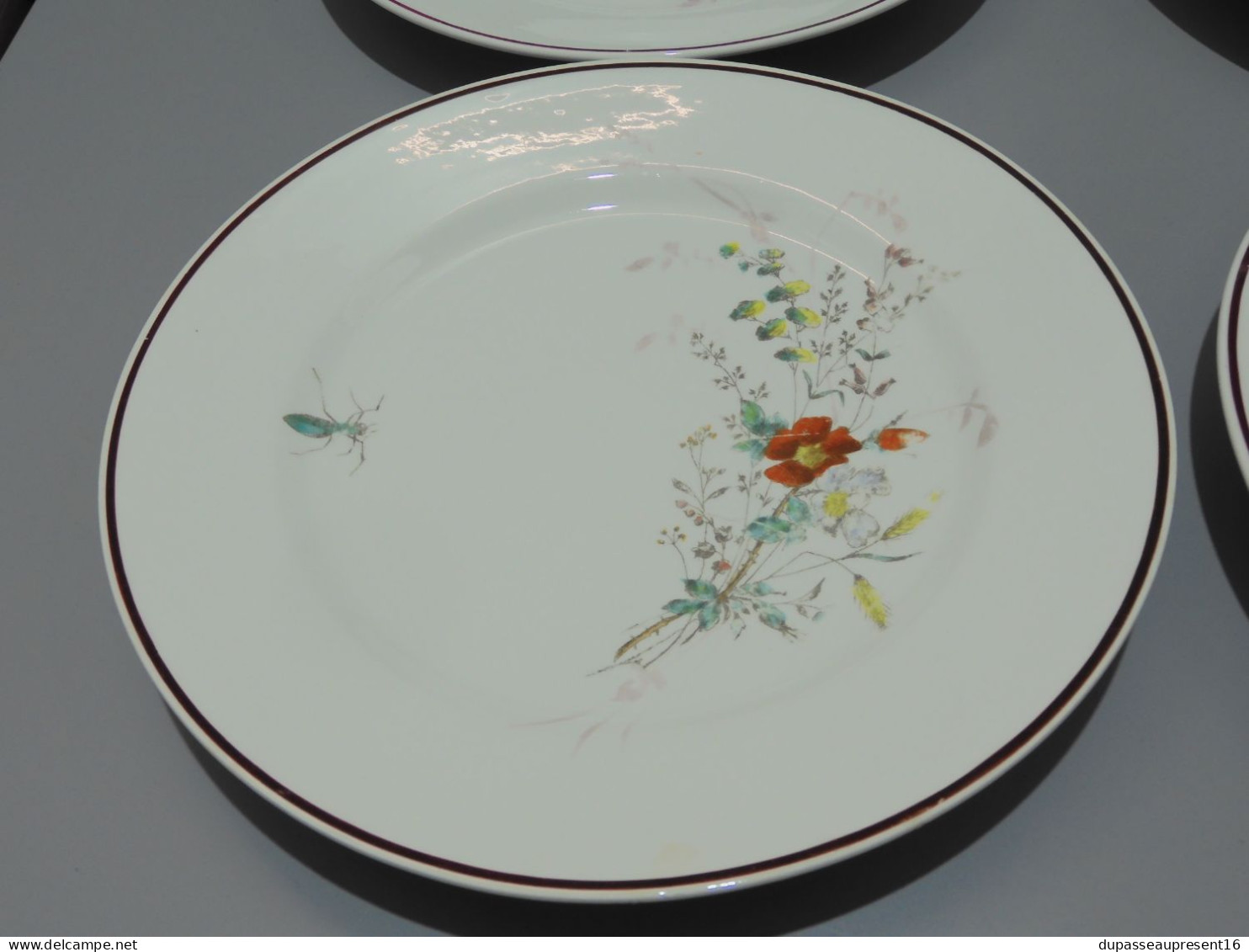 -6 ASSIETTES PLATES CERAMIQUE LONGWY Décor De Fleurs Papillons Insectes    E - Longwy (FRA)