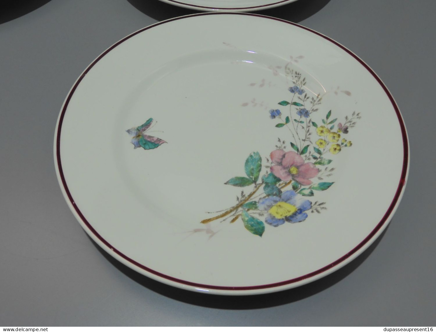 -6 ASSIETTES PLATES CERAMIQUE LONGWY décor de Fleurs Papillons insectes    E