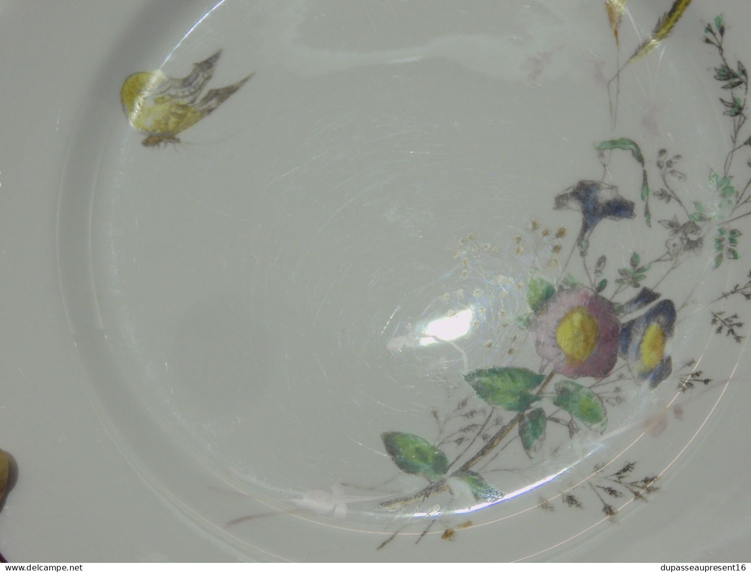 -6 ASSIETTES PLATES CERAMIQUE LONGWY décor de Fleurs Papillons insectes    E