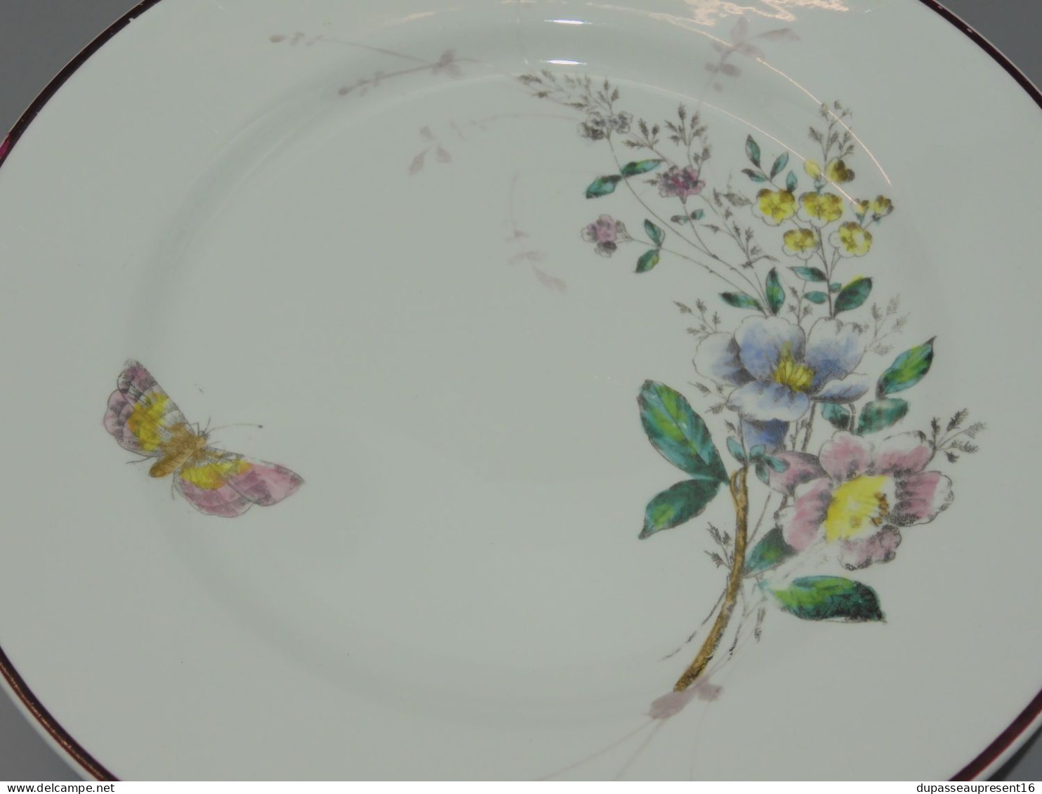 -6 ASSIETTES PLATES CERAMIQUE LONGWY décor de Fleurs Papillons insectes    E