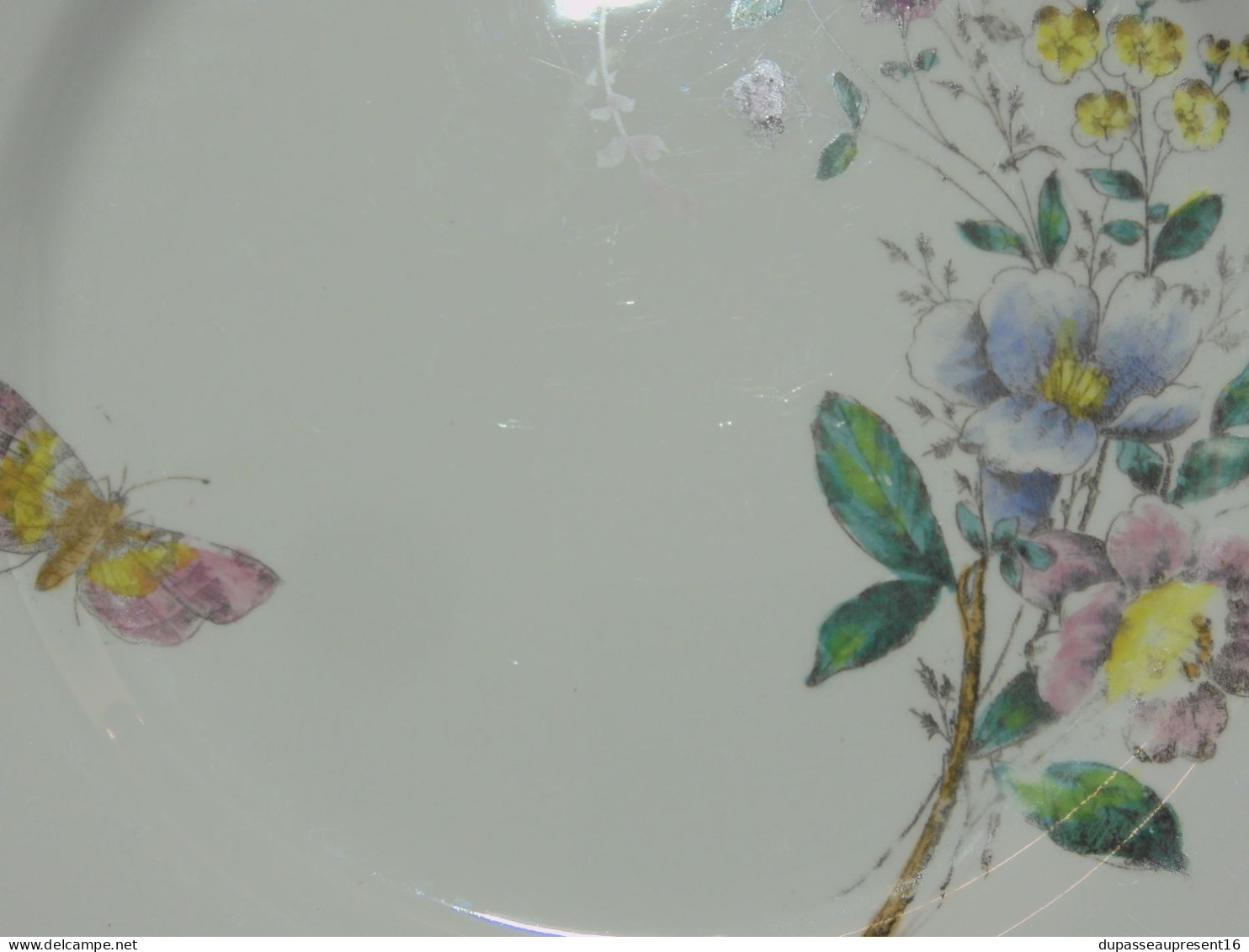 -6 ASSIETTES PLATES CERAMIQUE LONGWY décor de Fleurs Papillons insectes    E