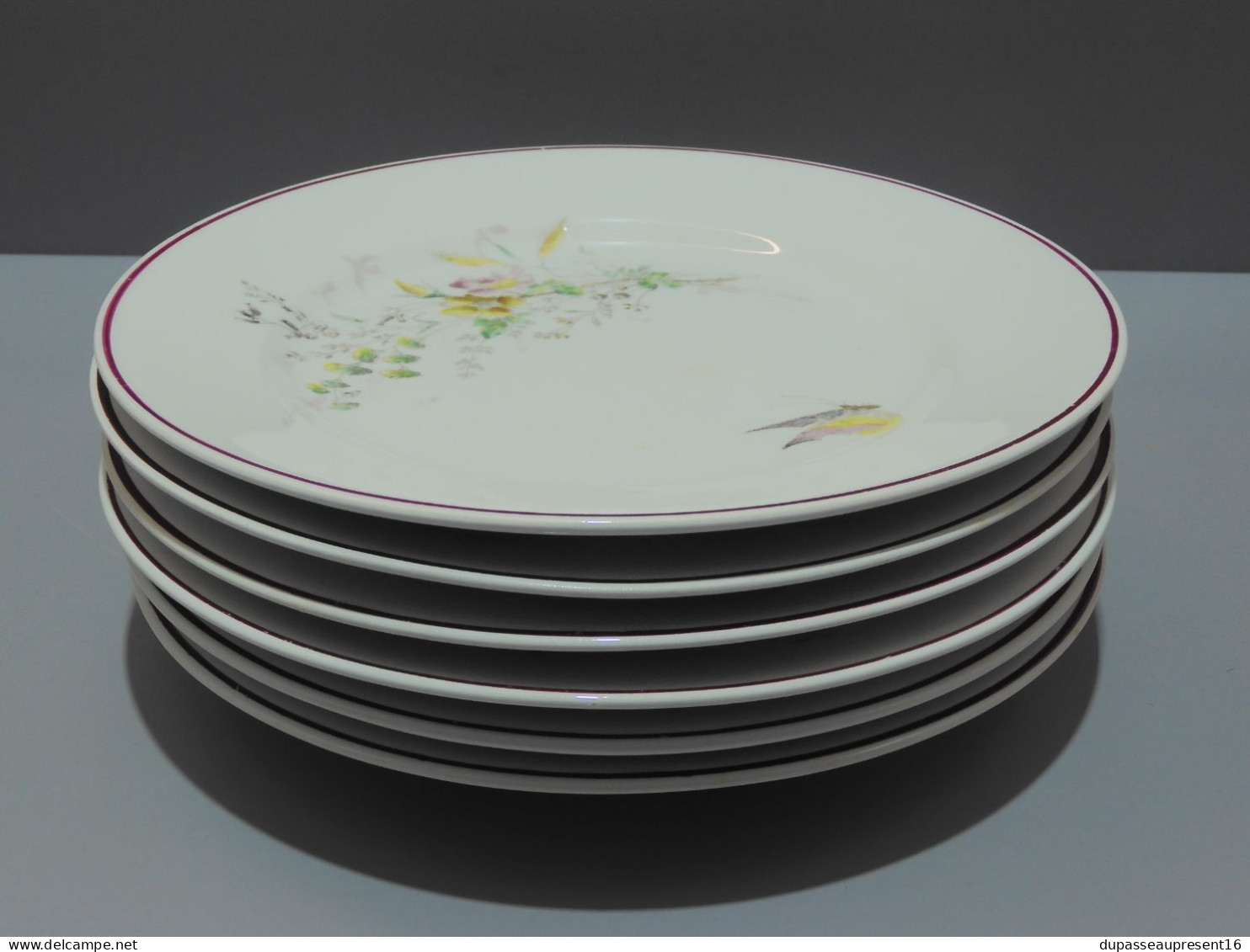 -6 ASSIETTES PLATES CERAMIQUE LONGWY décor de Fleurs Papillons insectes    E