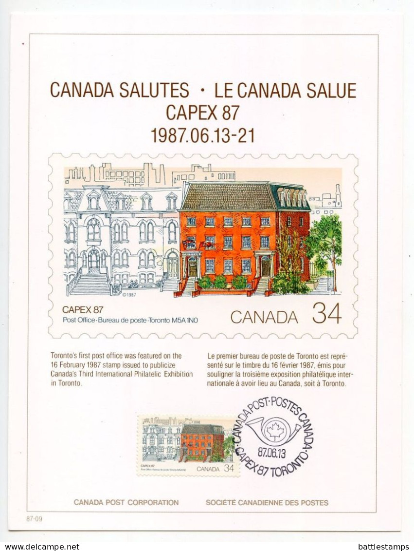 Canada 1987 4 International Philatelic Exhibition Cards - CAPEX 87; Toronto's 1st Post Office - Cartes Illustrées Officielles