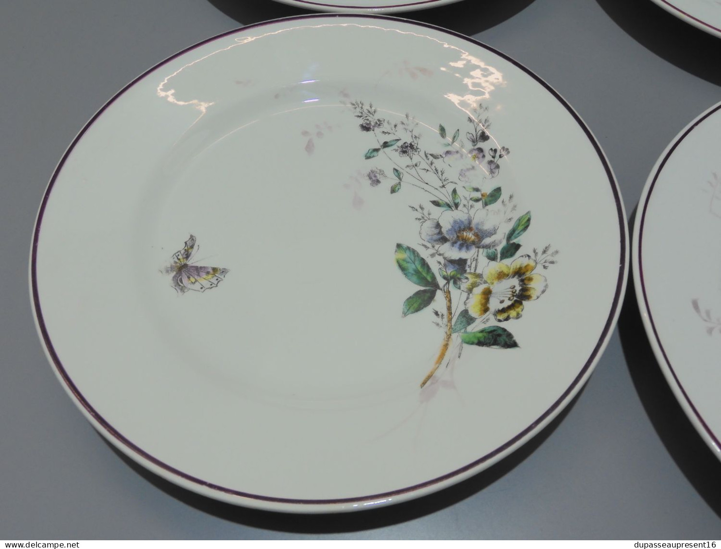 -5 ASSIETTES PLATES CERAMIQUE LONGWY Décor De Fleurs Papillons Insectes     E - Longwy (FRA)