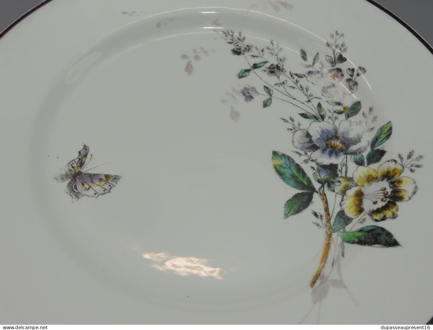 -5 ASSIETTES PLATES CERAMIQUE LONGWY Décor De Fleurs Papillons Insectes     E - Longwy (FRA)