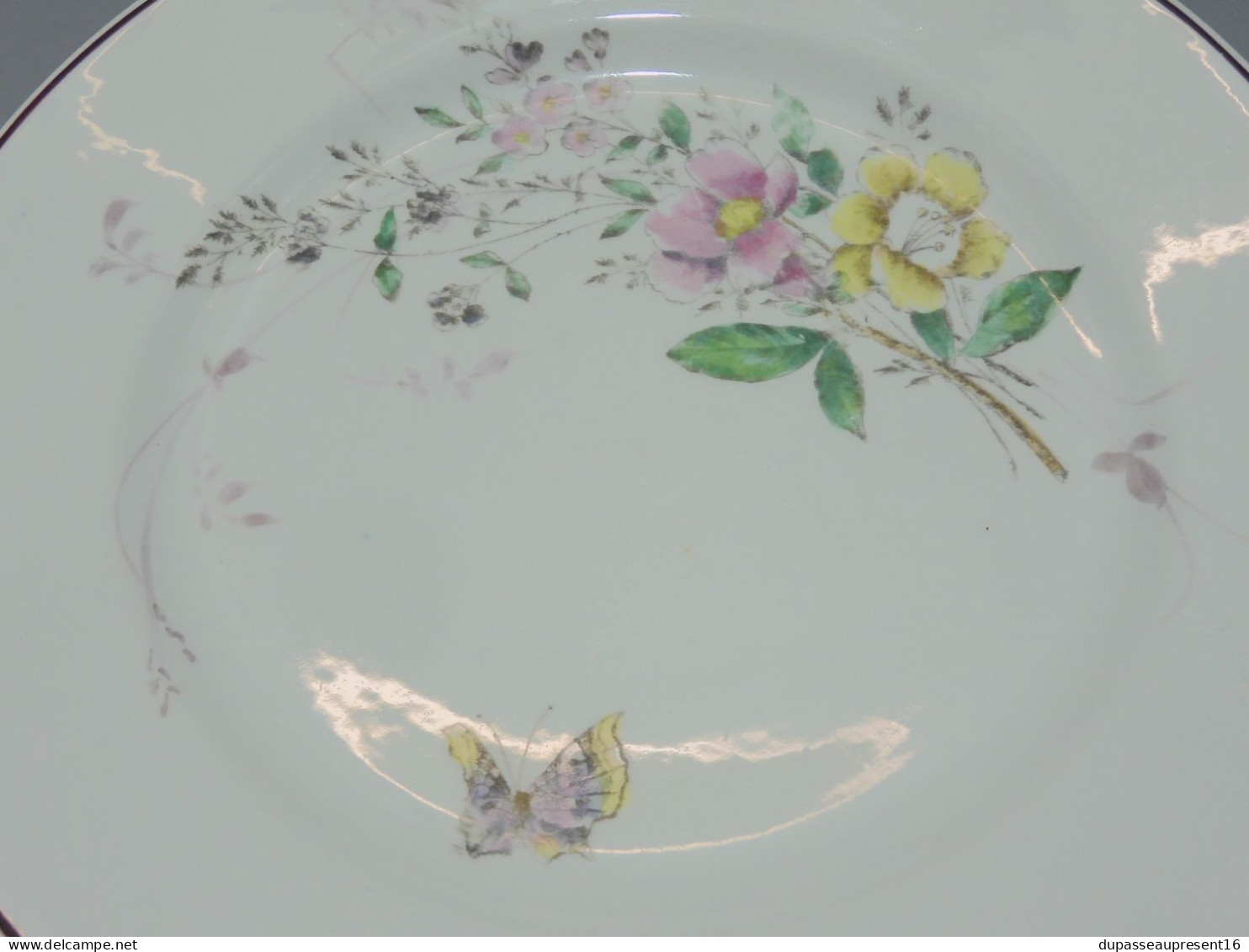 -5 ASSIETTES PLATES CERAMIQUE LONGWY décor de Fleurs Papillons insectes     E