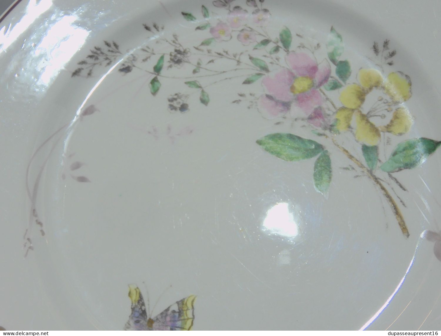 -5 ASSIETTES PLATES CERAMIQUE LONGWY décor de Fleurs Papillons insectes     E