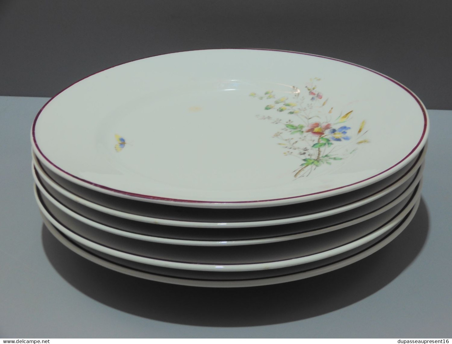 -5 ASSIETTES PLATES CERAMIQUE LONGWY décor de Fleurs Papillons insectes     E