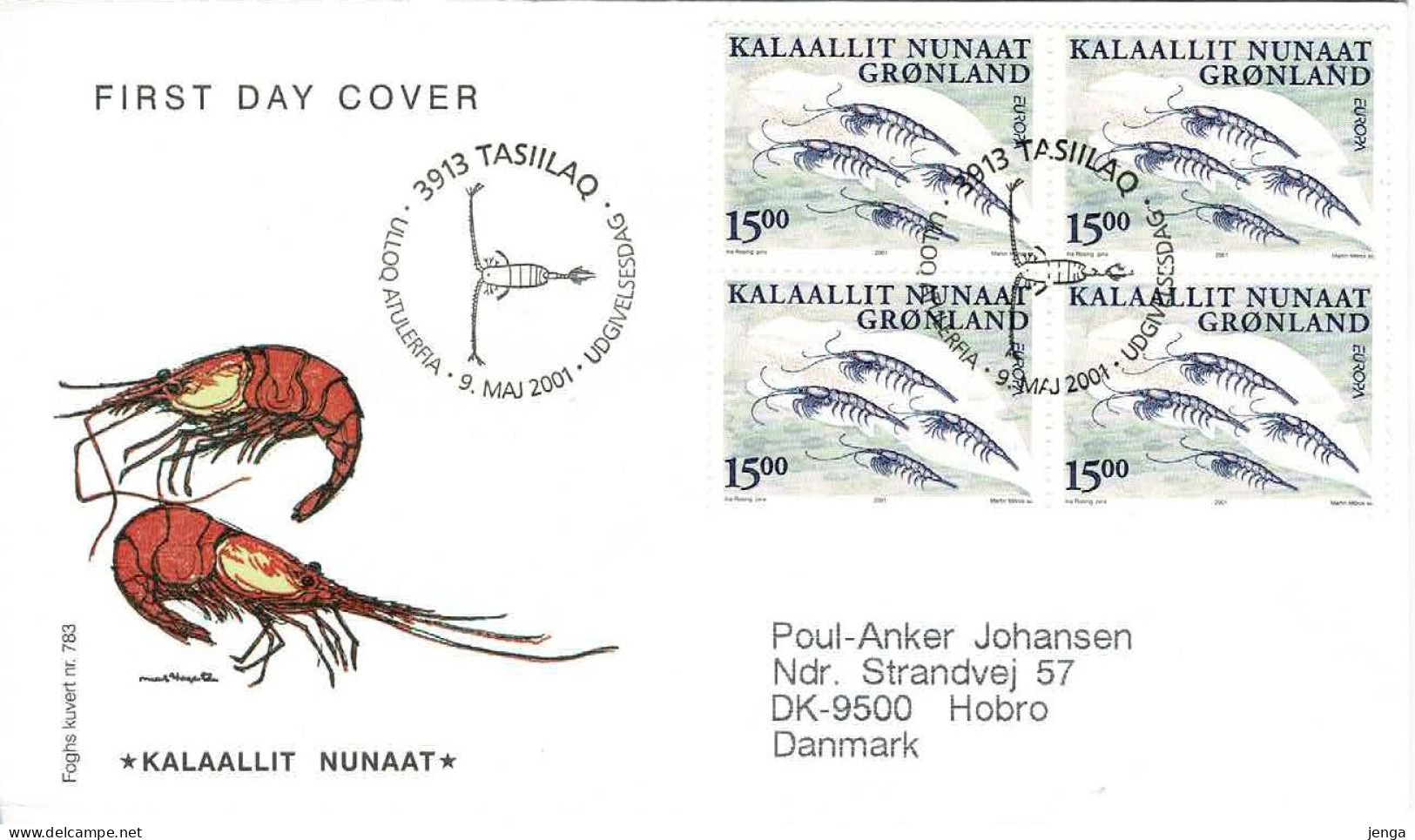 Greenland; 2001 Europa - CEPT; Shrimp In Block Of 4 On FDC (Foghs Cover), - 2001