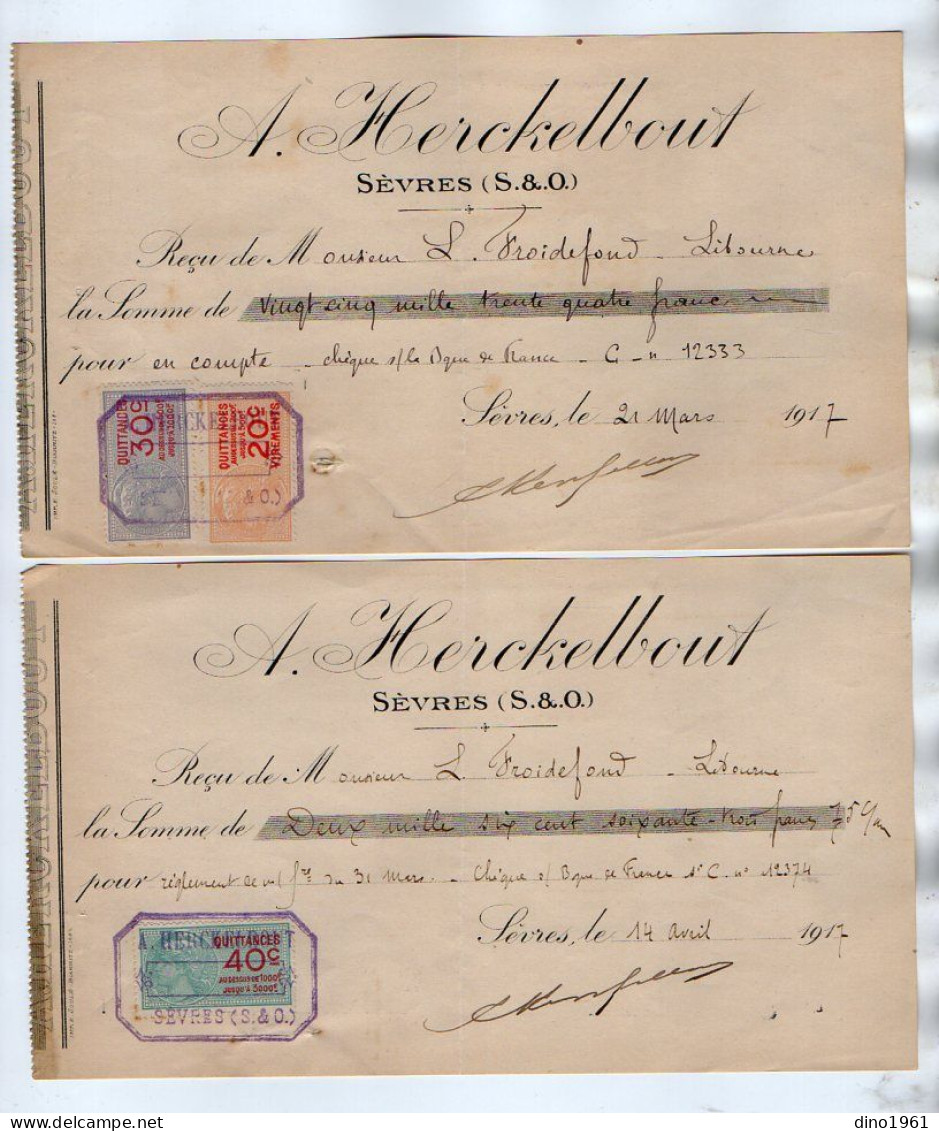 TB 4454 - SEVRES ( S. & O. ) 1917 - Timbres Fiscaux Sur 2 Reçus A. HERCKELBOUT Pour M. FROIDEFOND à LIBOURNE - Briefe U. Dokumente