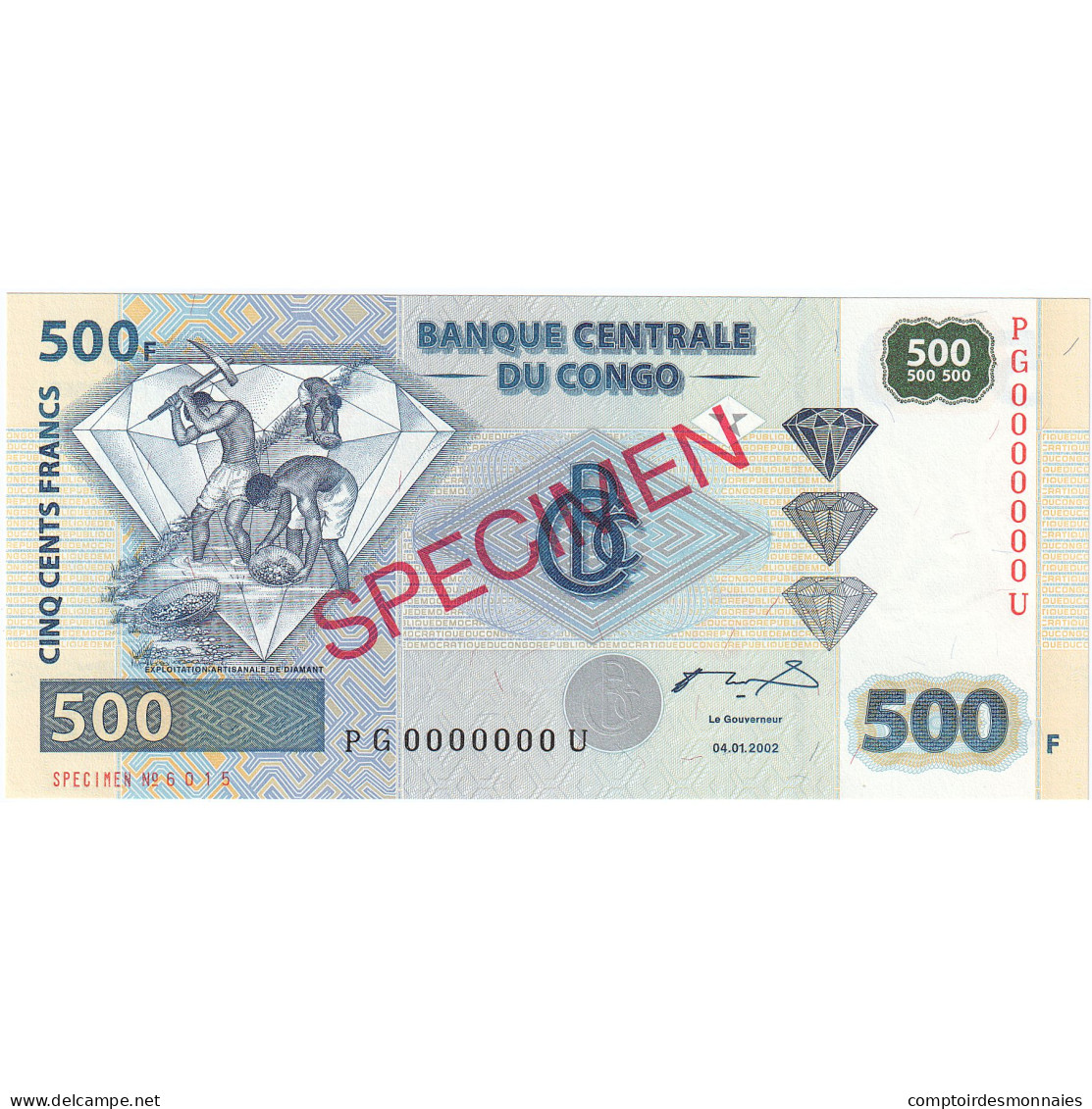 Billet, Congo Democratic Republic, 500 Francs, 2002, 04.01.2002, KM:96s, NEUF - Demokratische Republik Kongo & Zaire