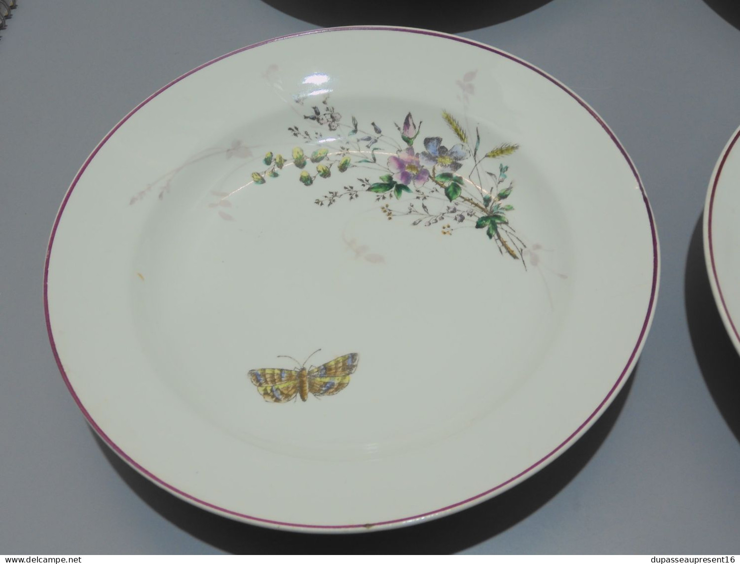 -6 ASSIETTES DEMIE CREUSE  CERAMIQUE LONGWY décor Fleurs Papillons insectes    E