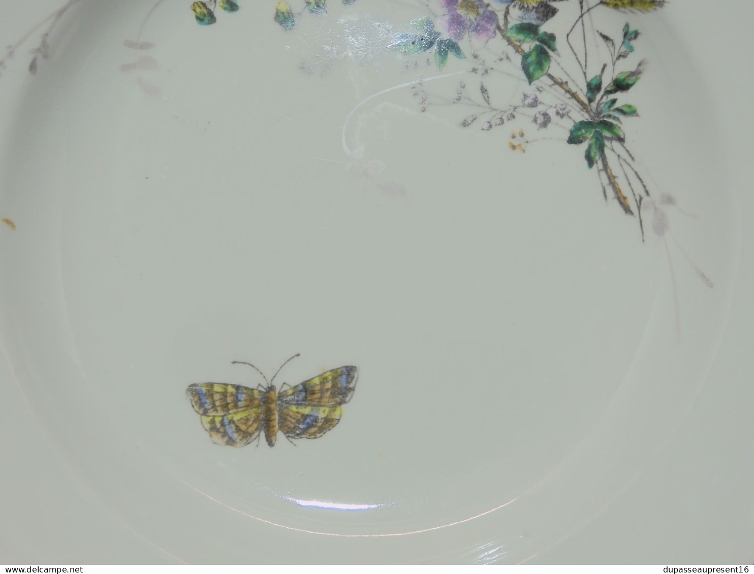 -6 ASSIETTES DEMIE CREUSE  CERAMIQUE LONGWY décor Fleurs Papillons insectes    E