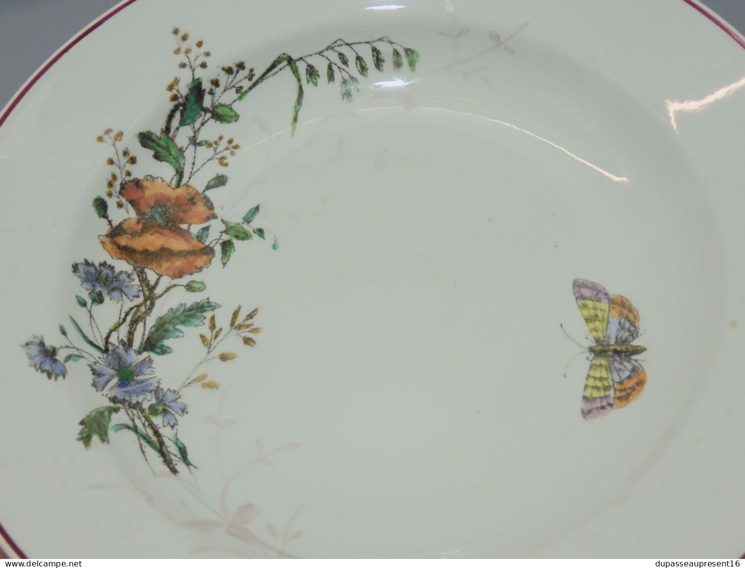 -6 ASSIETTES DEMIE CREUSE  CERAMIQUE LONGWY décor Fleurs Papillons insectes    E