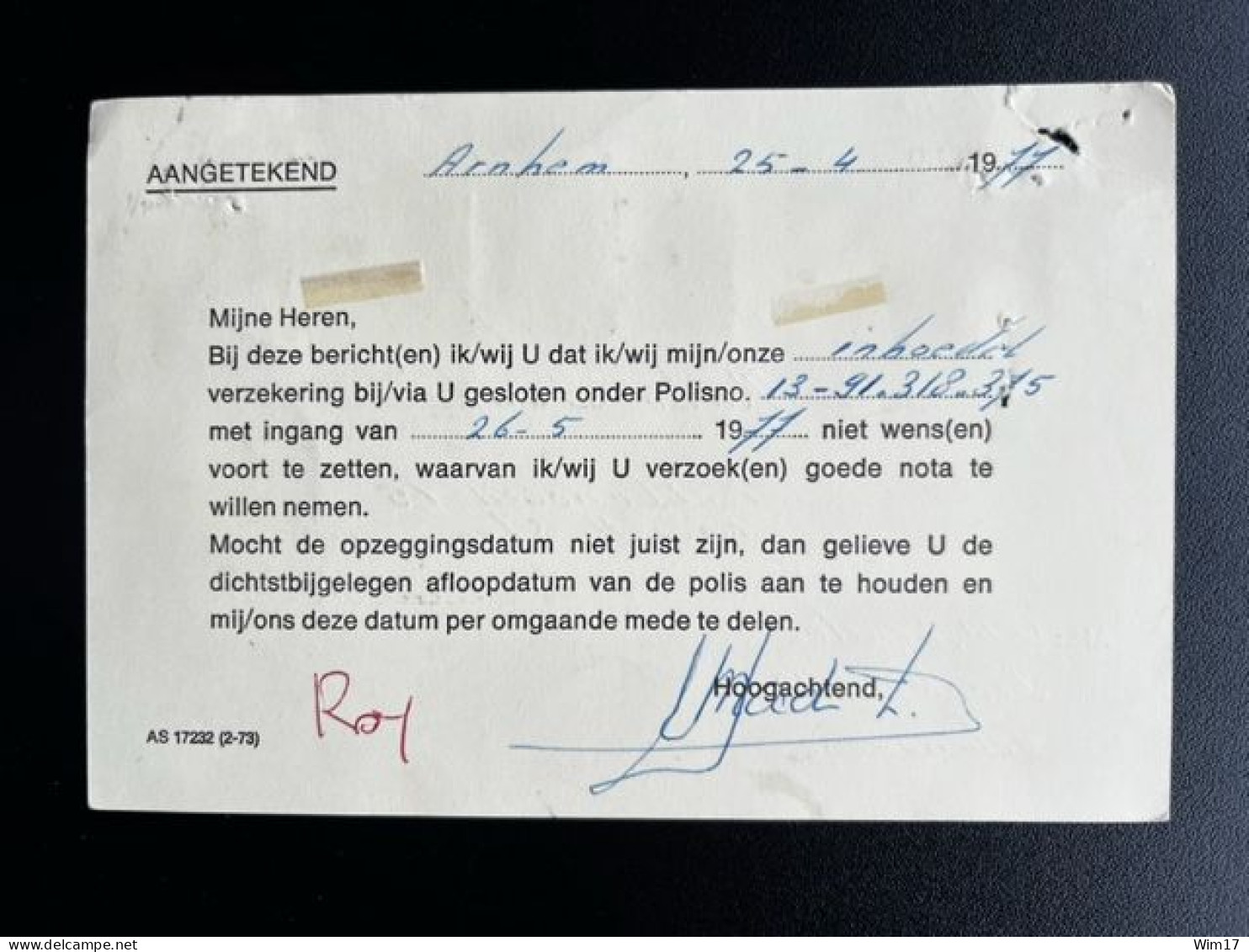 NETHERLANDS 1977 REGISTERED POSTCARD SCHIEDAM TO EINDHOVEN NEDERLAND AANGETEKEND - Briefe U. Dokumente