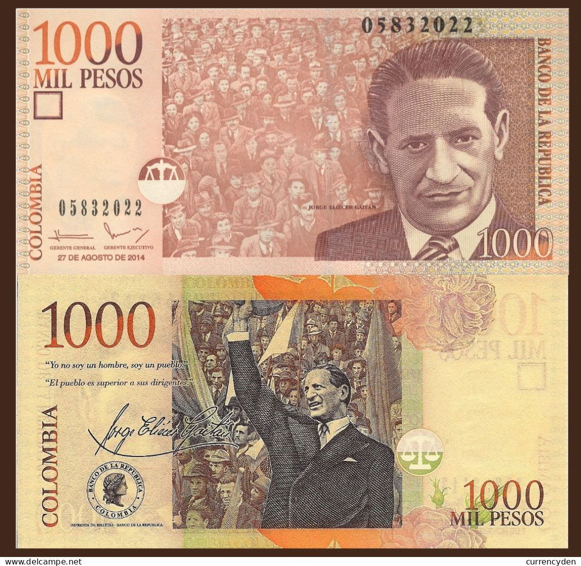 Colombia P456, 1000 Peso, Jorge Eliecer Gaitán - See UV & W/m Image 2014 UNC - Colombia