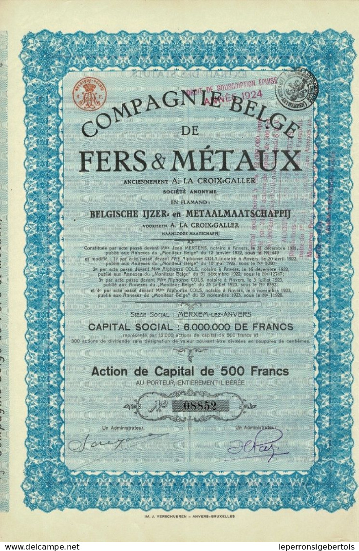 Titre De 1923 - Compagnie Belge De Fers & Métaux - Anciennement A. Lacroix-Galler - VF - Industrie