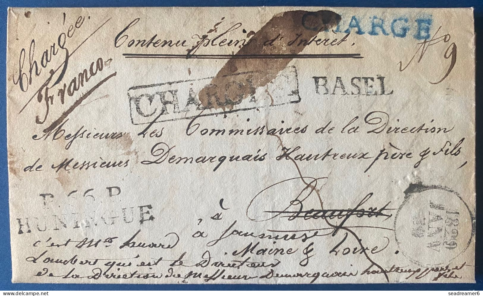 Lettre JAN 1829 Marque " BASEL " + CHARGE En Bleu ! + " P66P/ HUNINGUE " Pour Beaufort Au Dos " DEB.47/BEAUFORT " RRR - ...-1845 Precursores