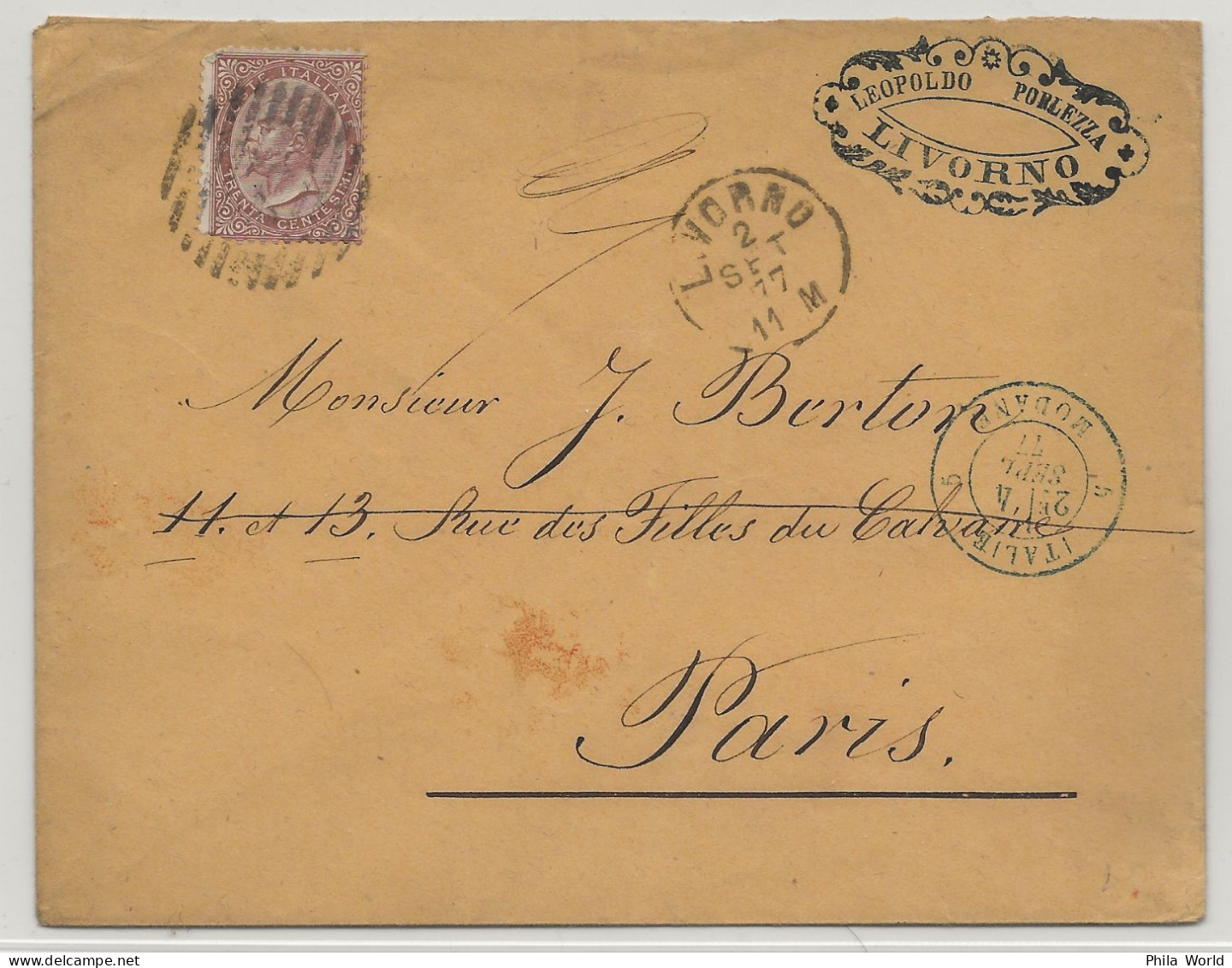 ITALIE ITALY ITALIA 1877 Cachet Entrée MODANE Lettre De LIVORNO Pour PARIS France YT 18 30c Brun Victor Emmanuel II - Storia Postale