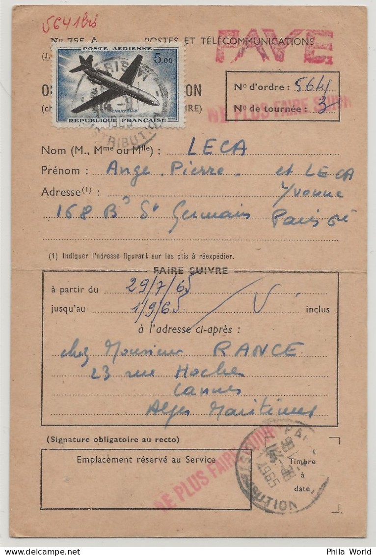 FRANCE 1965 Carte Réexpédition Correspondances Receveur PTT Poste Aérienne CARAVELLE PA 40 - Cartas & Documentos
