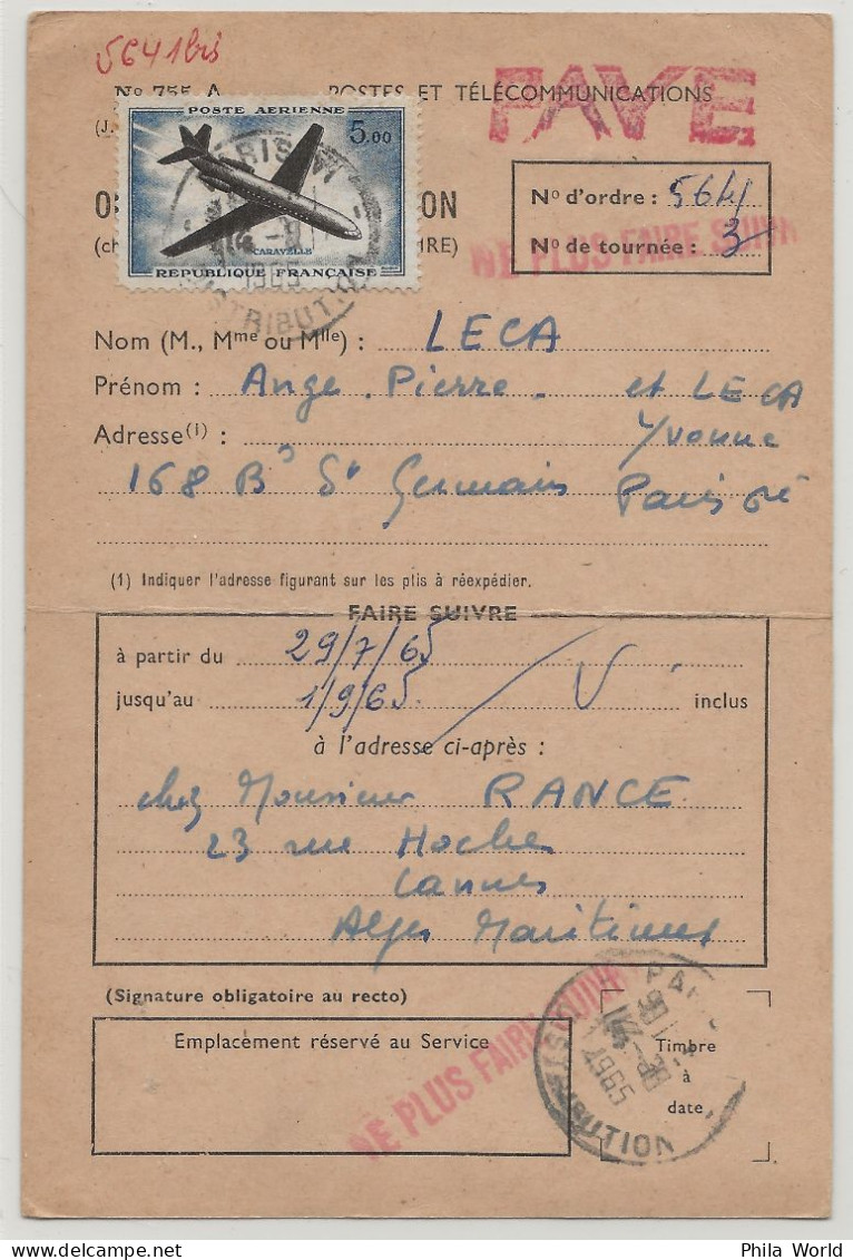 FRANCE 1965 Carte Réexpédition Correspondances Receveur PTT Poste Aérienne CARAVELLE PA 40 - Covers & Documents